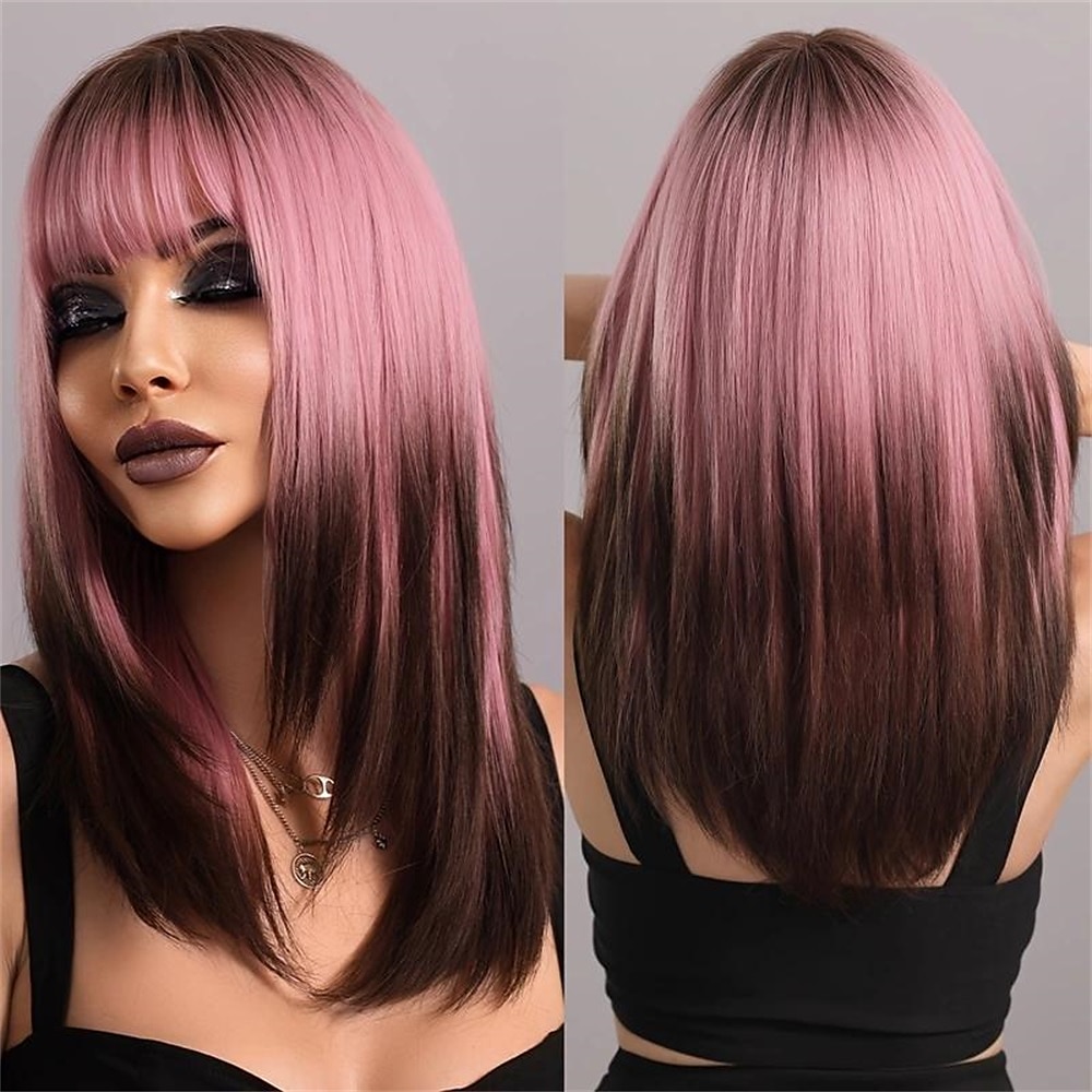 Synthetische braune Ombre-Blondine-Perücken mit Pony, natürliche, weiche, gerade, geschichtete Haarperücke für Frauen, tägliche Party, hohe Dichte, hitzebeständig Lightinthebox