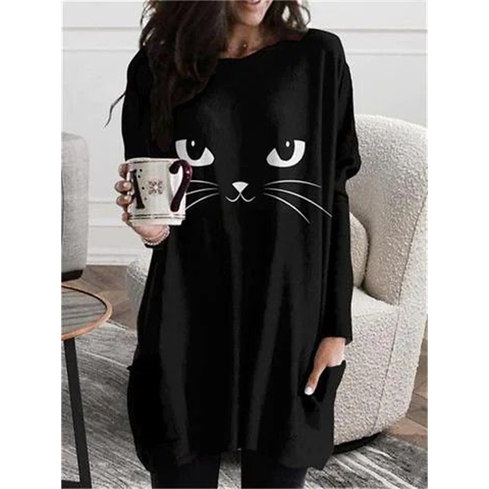 Damen T Shirt Lustig Katze Lange Oberteile Langarm Rundhalsausschnitt Tasche Bedruckt Regular Fit Täglich Wochenende Schwarz Weiß Rosa Blau Dunkelgray Herbst Winter Lightinthebox