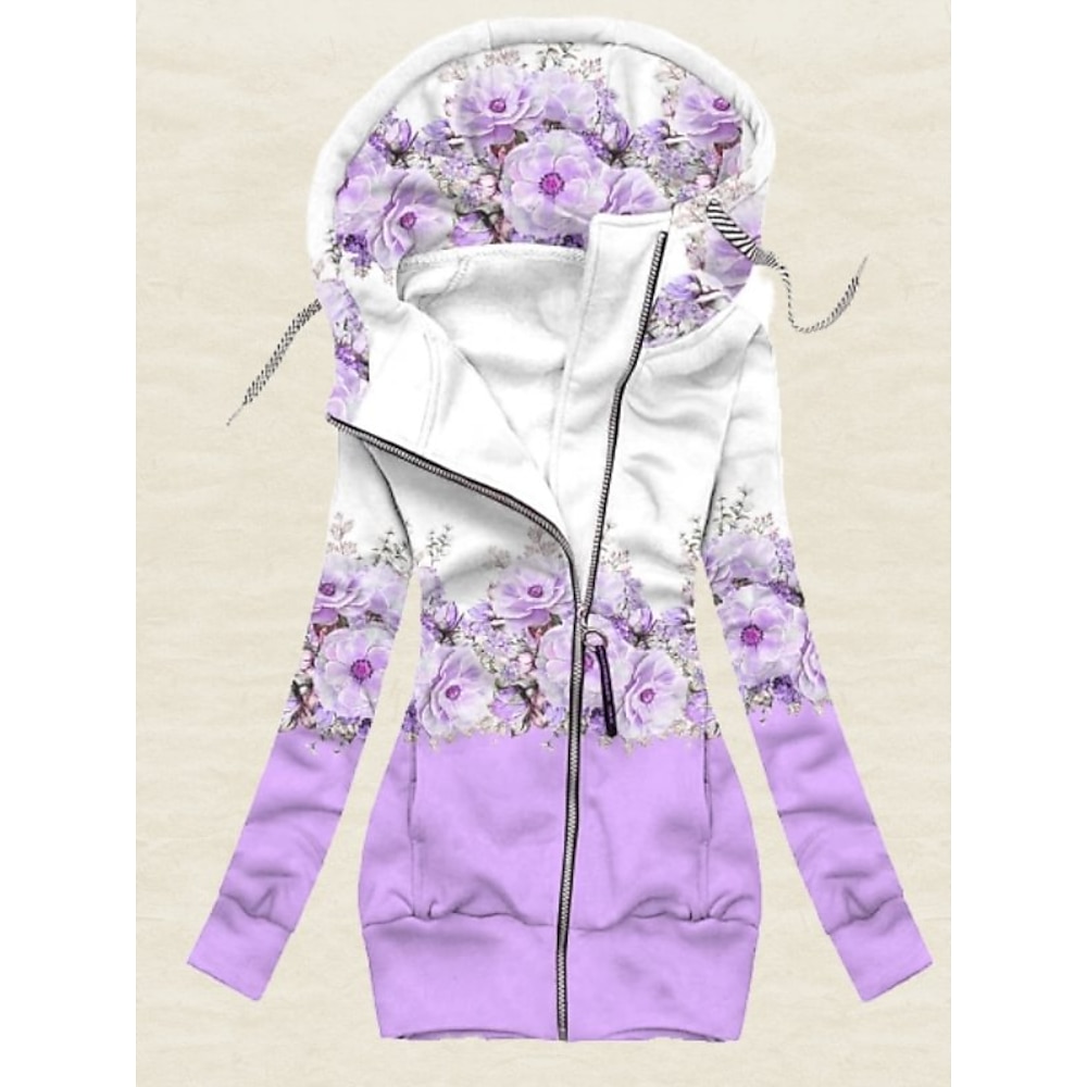 Damen Zip Up Sweatshirt Polyester Blumen Casual Sport Kordelzug Bedruckt Reißverschluss Aktiv Sportbekleidung Kapuzenpullover Langarm Oberteil Mikro-elastisch Herbst Winter Lightinthebox