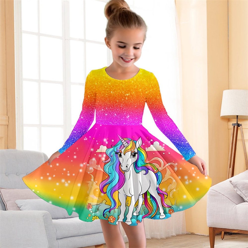 3D-Einhorn-Regenbogenkleid für Mädchen, rosa, langärmelig, 3D-Druck, Herbst, Winter, Sport Draußen, täglich, Urlaub, süß, lässig, schön, für Kinder von 3-12 Jahren, lässiges Kleid, A-Linien-Kleid, Lightinthebox