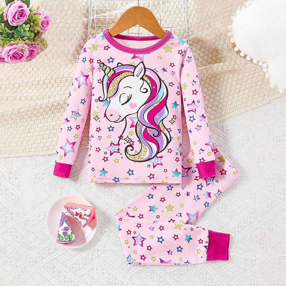 Mädchen 3D Einhorn Pyjama-Sets Rosa Langarm 3D-Druck Herbst Winter Aktiv Modisch Kuschelig kinderkleidung 3-12 Jahre Rundhalsausschnitt Heim Normal Innen Regular Fit Lightinthebox