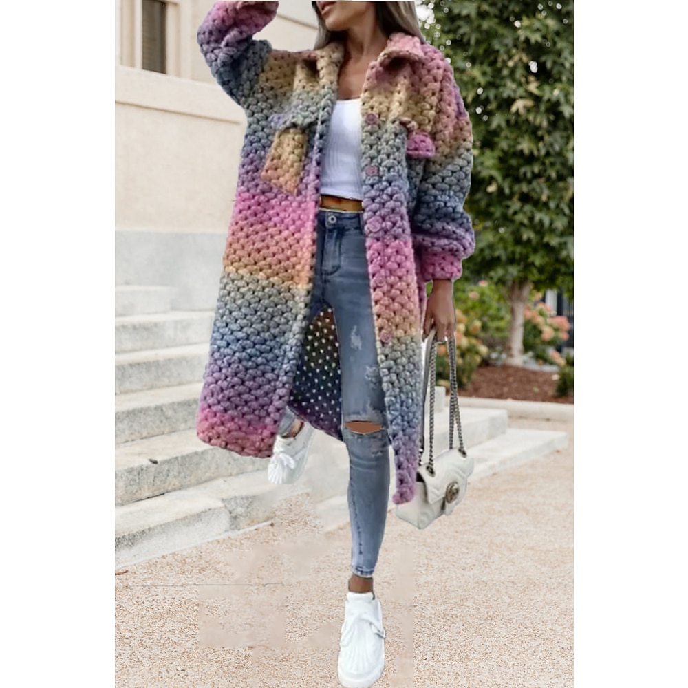 Damen Strickjacke Strickwaren Gehäkelt Stricken Tasche Strick Farbverläufe Hemdkragen Stilvoll Casual Outdoor Täglich Winter Herbst Purpur S / Langarm / Regular Fit / Ausgehen Lightinthebox