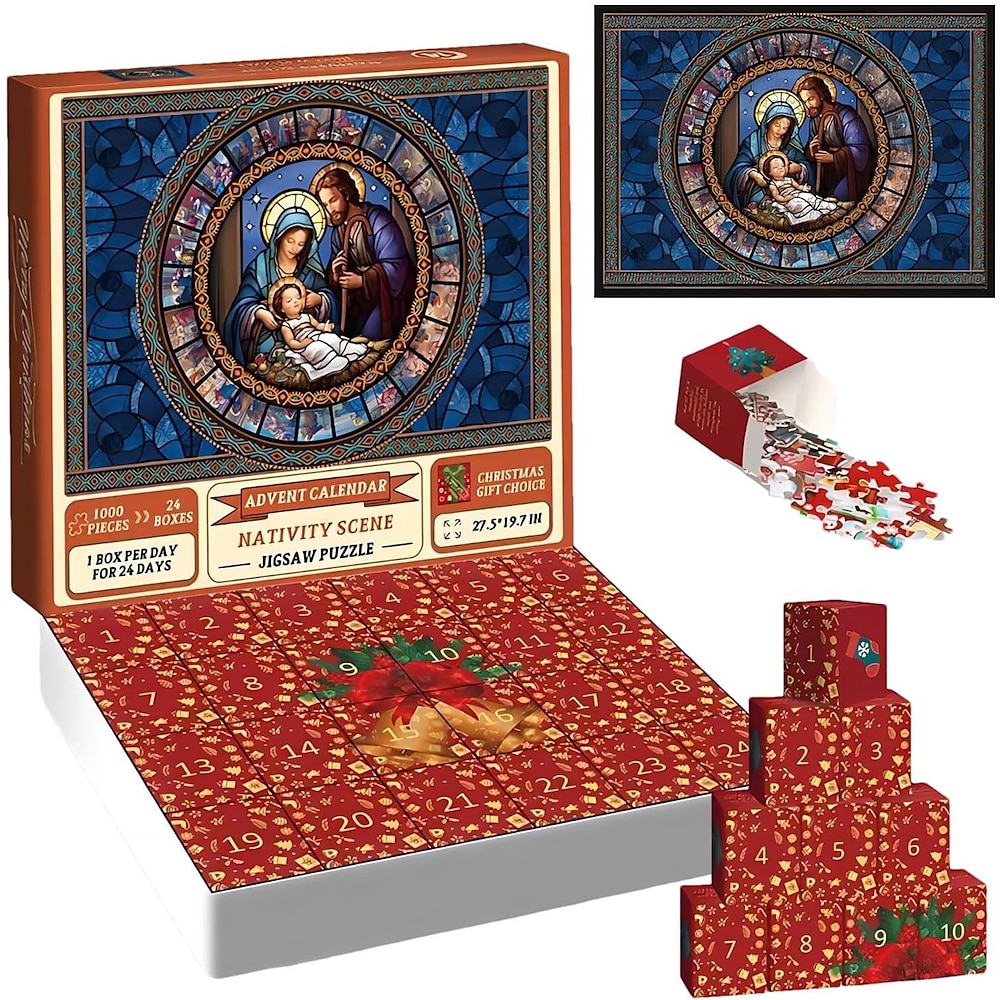 Adventskalender 2024, Weihnachtskrippen-Puzzle 1000 Teile, Puzzle-Countdown-Kalender für Weihnachtsgeschenke, 24 Boxen Puzzle für den Countdown, Weihnachtsgeschenk Belen Dekoration Lightinthebox