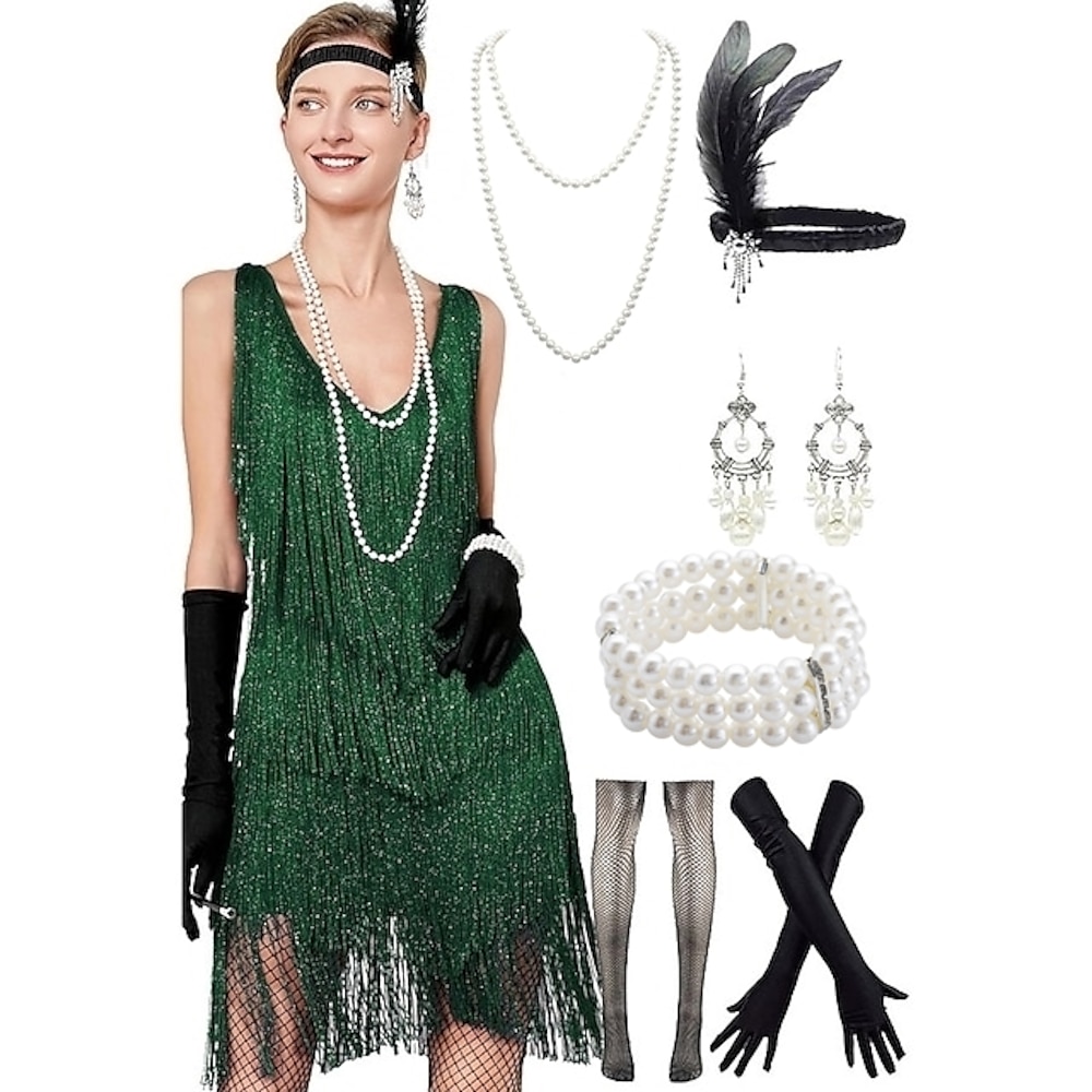 Retro Vintage Brüllen 20s 1920s Flapper Kleid Austattungen Zubehör-Set Der große Gatsby Hochzeitsgast Pailletten Quaste Pailletten Quaste V Ausschnitt Damen Halloween Karneval Maskerade Karnival Lightinthebox