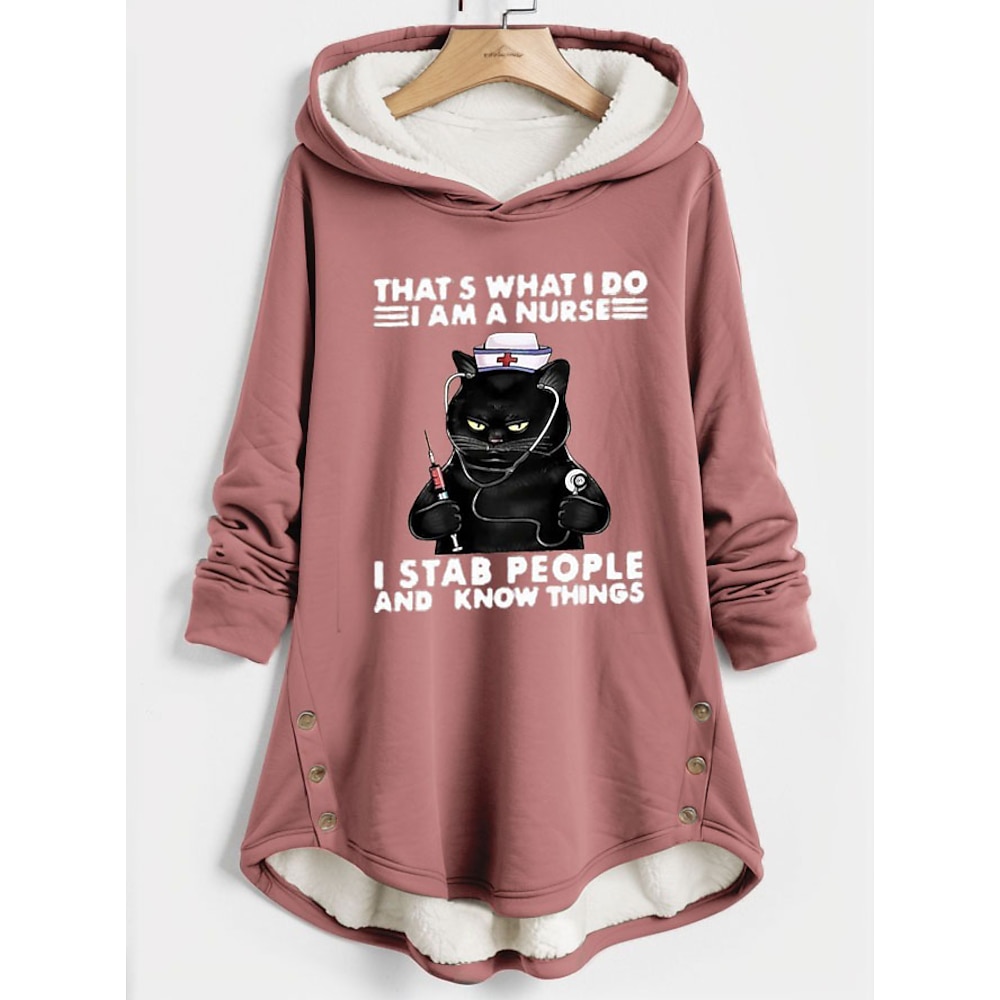 Damen Hoodie Sweatshirt Kapuze Zur Seite fahren Polyester Innenfutter aus Fleece Katze Buchstabe Casual Sport Bedruckt Sportbekleidung Lustig Komfort Lockere Passform Kapuzenpullover Langarm Oberteil Lightinthebox