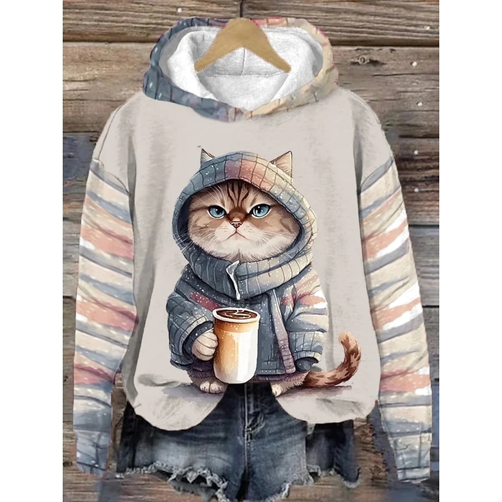 Damen Hoodie Sweatshirt Kapuze Zur Seite fahren Polyester Katze Casual Sport Bedruckt Sportbekleidung Lustig Festival Kapuzenpullover Langarm Oberteil Mikro-elastisch Herbst Winter Lightinthebox