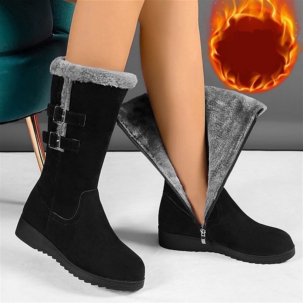 Damen-Winterstiefel mit halbhoher Schafthöhe, Kunstfellfutter und Schnallenriemen - warme, wasserdichte Schneestiefel aus Wildleder für kaltes Wetter Lightinthebox