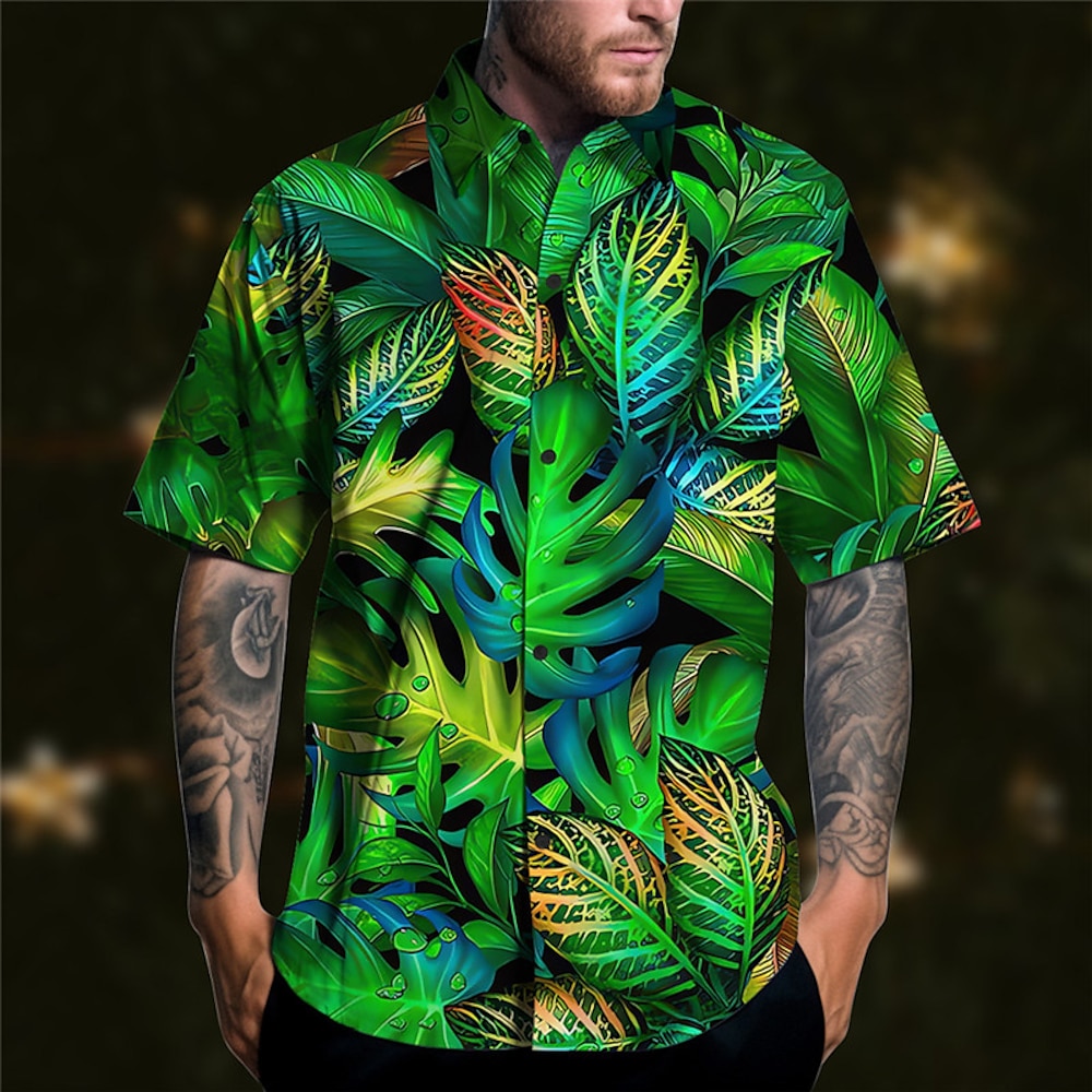 Herren Blätter drucken Palmblatt Hemd Hawaiihemd Sommerhemd Kurzarm Hemd Umlegekragen Brautkleider schlicht Outdoor Strasse Casual Purpur Grün S M L Lightinthebox