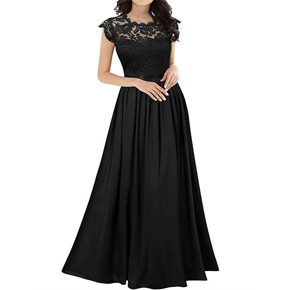 Damen schwarzes Kleid Spitzenkleid Ballkleid Chiffon Spitze Patchwork Rundhals Kurzarm Winterkleid Schwarz Wein Frühling Herbst Lightinthebox