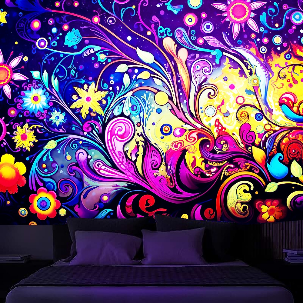 Schwarzlicht Wandteppich UV reaktiv im Dunkeln leuchtend Party Neon Trippy Nebel Natur Landschaft Hängender Wandteppich Wandbild für Wohnzimmer Schlafzimmer Lightinthebox