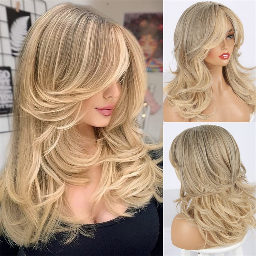 Goldblonde Perücke, erdbeerblonde Perücke mit Pony, langhaarige Perücke für Frauen, synthetische Stufenperücke mit Vorhangpony, lange, gewellte, mittelbraune Perücke, Echthaarperücke mit hellem Lightinthebox