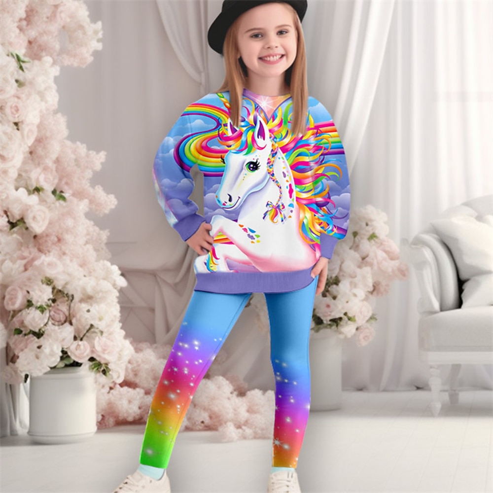 Mädchen 3D Einhorn Set aus Sweatshirt und Leggings Set Rosa Langarm 3D-Druck Herbst Winter Aktiv Modisch Täglich kinderkleidung 3-12 Jahre Rundhalsausschnitt Outdoor Urlaub Verabredung Regular Fit Lightinthebox