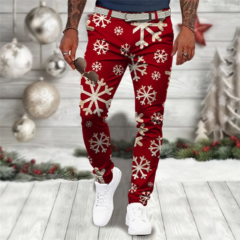 Weihnachtshose für Herren mit Weihnachtsszenen-Aufdruck, Schneeflocke, Business-Casual-Hose mit 3D-Aufdruck, Outdoor-Alltagskleidung, Streetwear, Polyester, Weinrot, Schwarz, Blau, S, M, L, Hose mit Lightinthebox