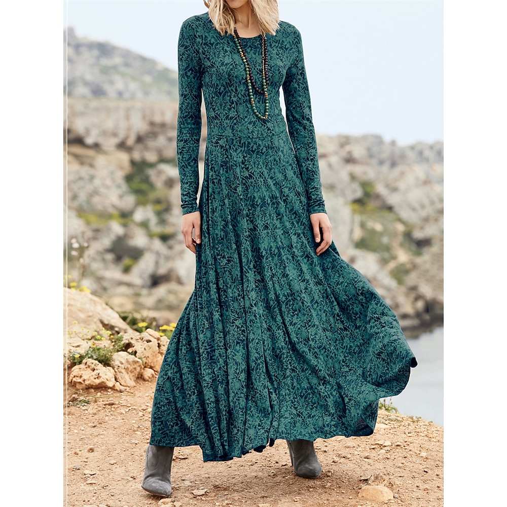 Damen Casual kleid Winter Kleid Schaukelkleid A Linie Kleid Strassenmode A-Linie Blumen Midikleid Langarm Rundhalsausschnitt Tasche Bedruckt Regular Fit Urlaub Strasse Verabredung Grün Herbst Winter Lightinthebox