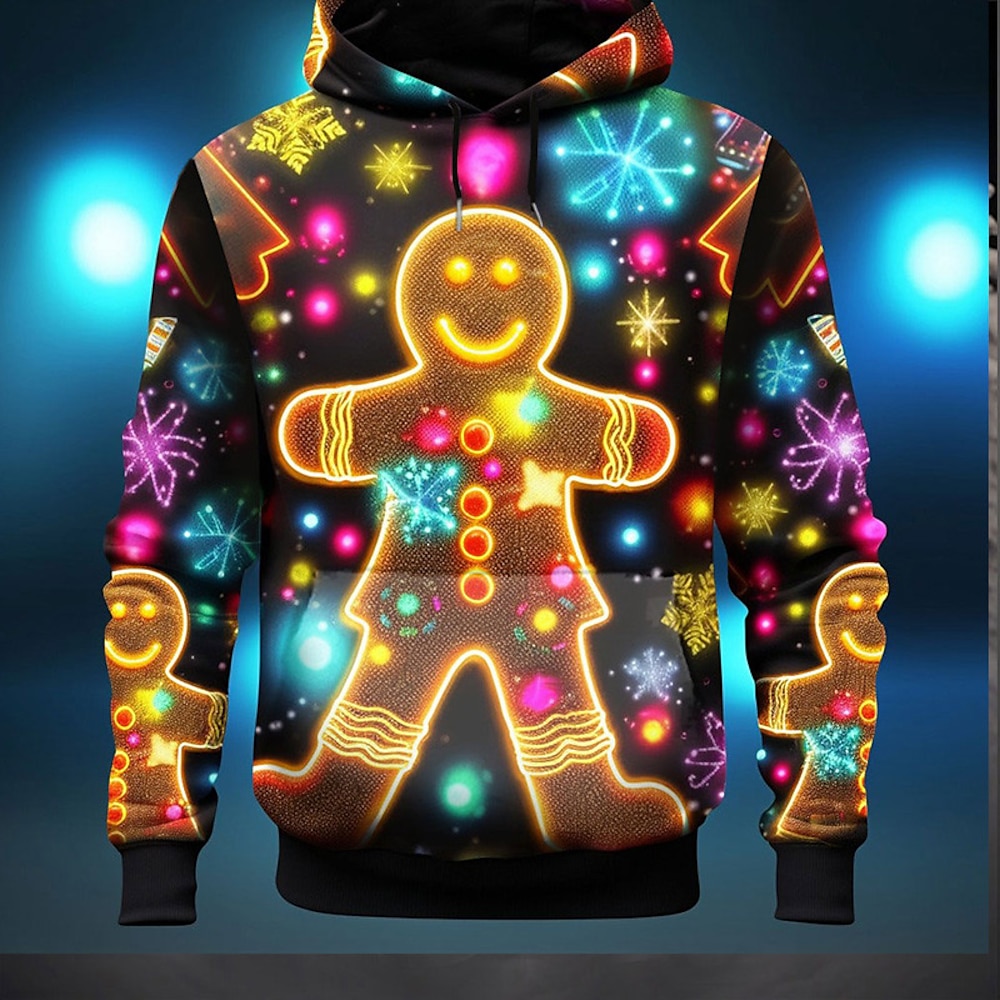 Weihnachten Lebkuchenmann 3D Hoodies für Herren Grafik Fröhliche Mode 3D Druck Sport Outdoor Urlaub Ferien Hoodies Gelb Orange Langarm Kapuzendruck Fronttasche Frühlingamp;Herbst Designer Shirt Lightinthebox