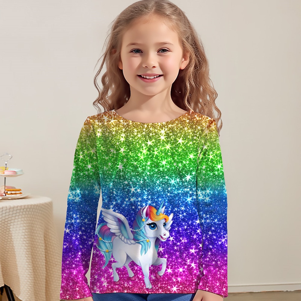 Mädchen 3D Einhorn T-Shirt Hemden Langarm 3D-Druck Herbst Winter Aktiv Modisch Kuschelig kinderkleidung 3-12 Jahre Rundhalsausschnitt Outdoor Casual Täglich Regular Fit Lightinthebox