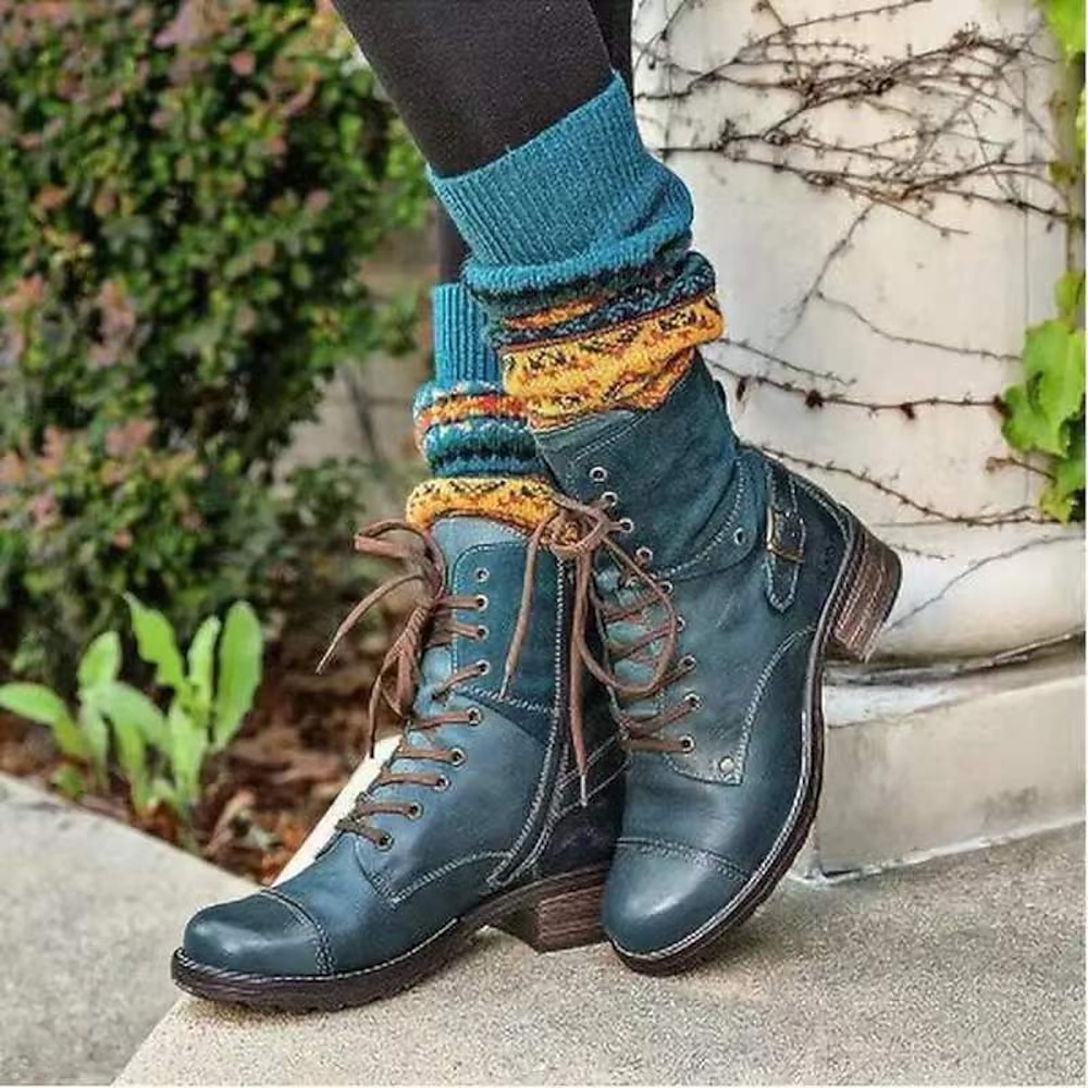 Blaue Damenstiefeletten zum Schnüren mit Wildlederkragen und Schnallendetail, stylische Springerstiefel für die Freizeit und den Outdoorbereich Lightinthebox