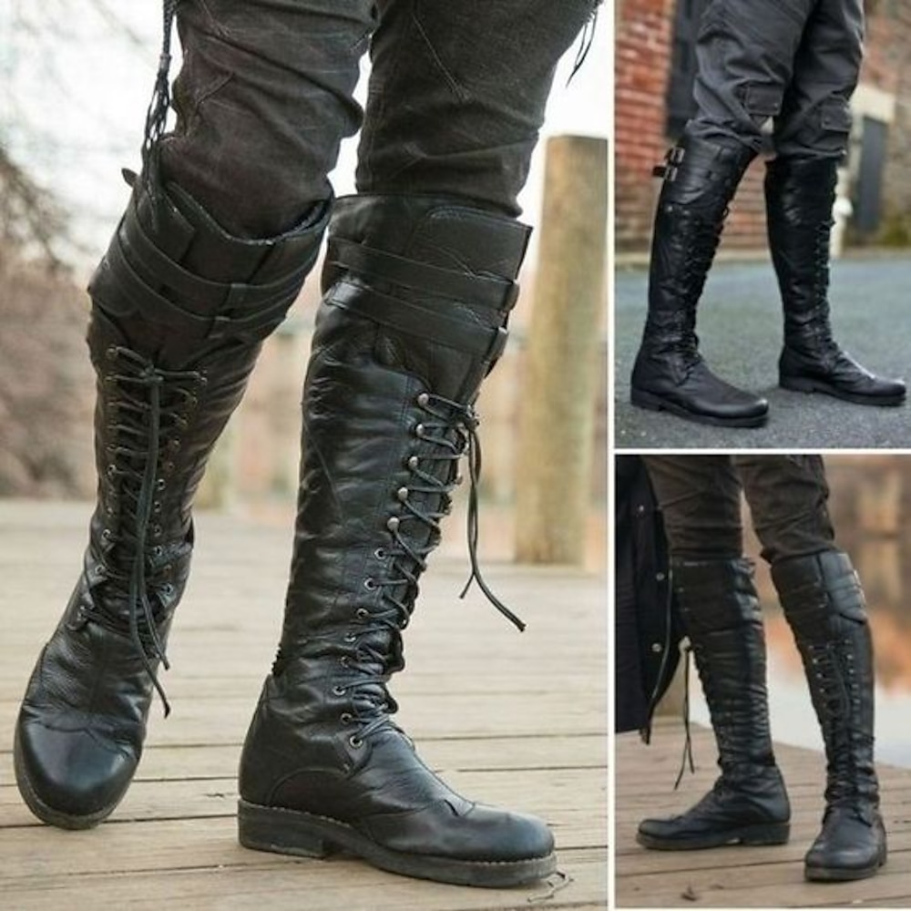 Schwarze kniehohe Schnürstiefel für Herren mit Schnallenriemen - Militär-Kampfstiefel im Vintage-Stil für Outdoor und Freizeit Lightinthebox