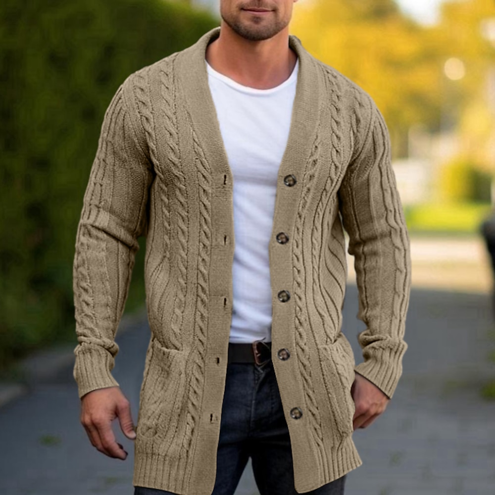 Herren Pullover Strickjacke Gedrehtes Stricken Lang Taste Strick Glatt V Ausschnitt Warm-Ups Moderne zeitgenössische Freizeitskleidung Ausgehen Bekleidung Winter Schwarz Braun M L XL Lightinthebox