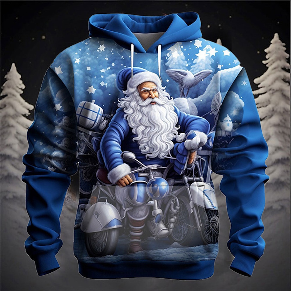 Weihnachtspullover mit Weihnachtsmann-3D-Grafik für Herren, Weihnachtsmann-Mode, 3D-Druck, Sport, Outdoor, Urlaub, Kapuzenpullover, blau, dunkelblau, langärmelig, mit Kapuze, Druck vorne, Tasche, Lightinthebox