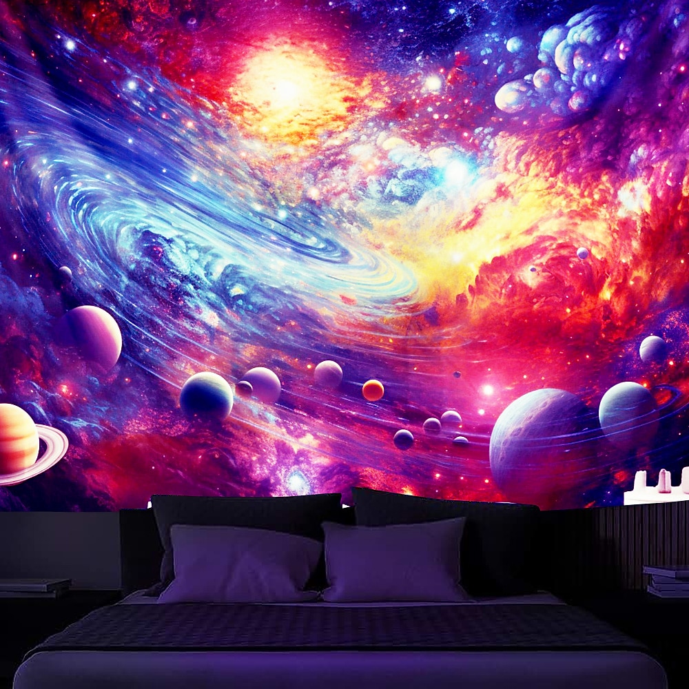 Schwarzlicht Wandteppich UV reaktiv im Dunkeln leuchtend Party Neon Universum Planet Psychedelisch Trippy Nebelig Hängender Wandteppich Wandbild für Wohnzimmer Schlafzimmer Lightinthebox