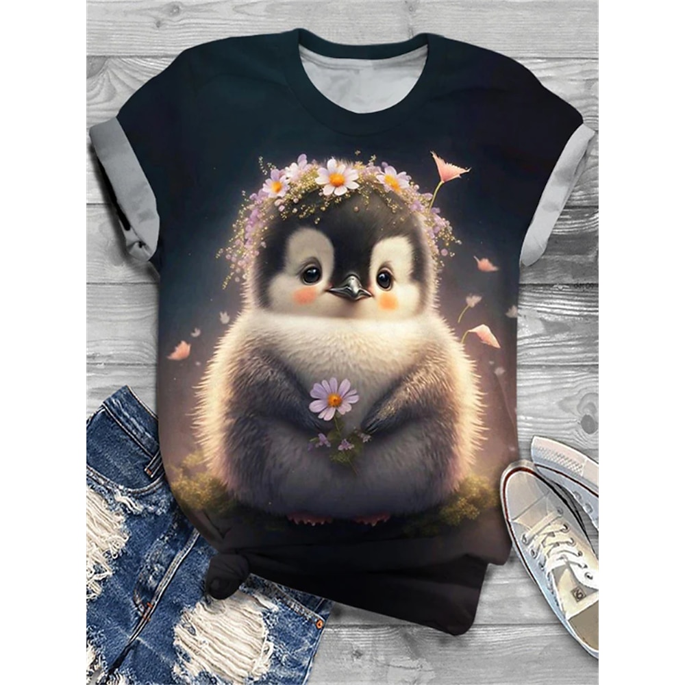 Damen T Shirt Fest / Feiertage Weihnachtsmann Schneemann Pinguin Normale Oberteile Kurzarm Rundhalsausschnitt Bedruckt Regular Fit Wochenende Schwarz Purpur Grau Sommer Lightinthebox