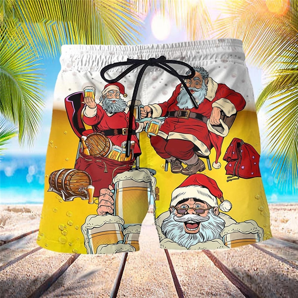 Weihnachtsshorts für Herren mit Weihnachtsmann-Aufdruck, Weihnachtsmann-Oktoberfest-Boardshorts, Biershorts, Badehose, Kordelzug mit Netzfutter, elastischer Bund, Bier-Shorts, schnelltrocknend, kurz, Lightinthebox