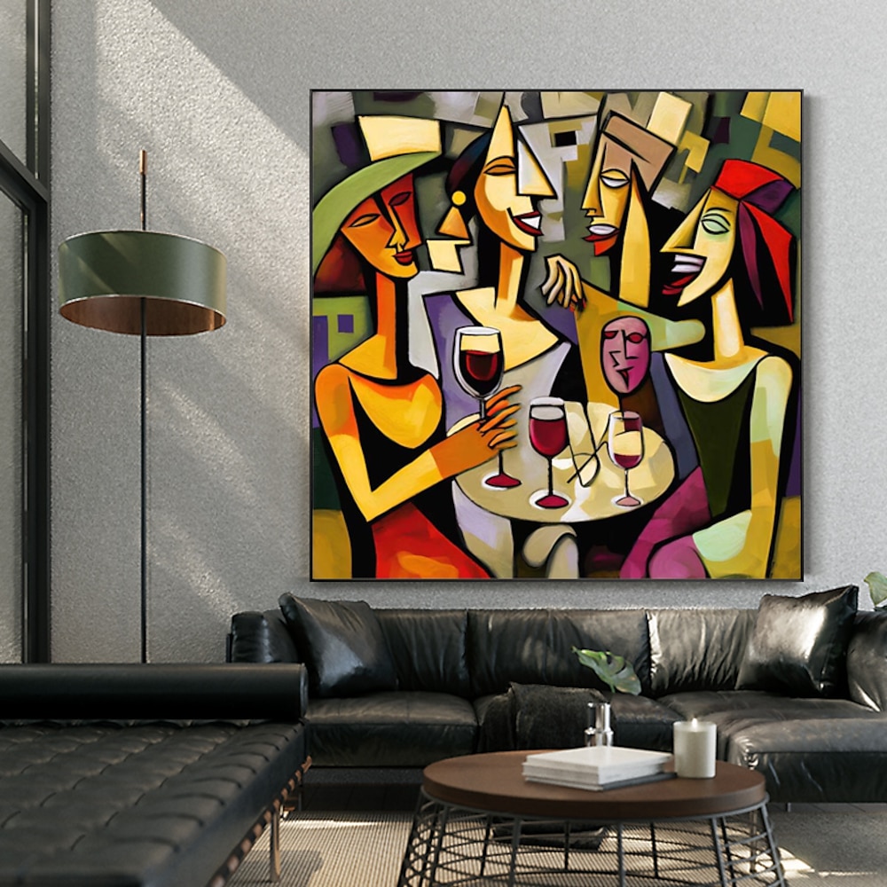 Picasso-Stil, abstraktes Mädchen, glückliche Familie, trinkend, handgemaltes Ölgemälde auf Leinwand, moderne nordische Figur, handgefertigte Wandkunst, Bild, Wohnzimmerdekoration, ohne Rahmen Lightinthebox