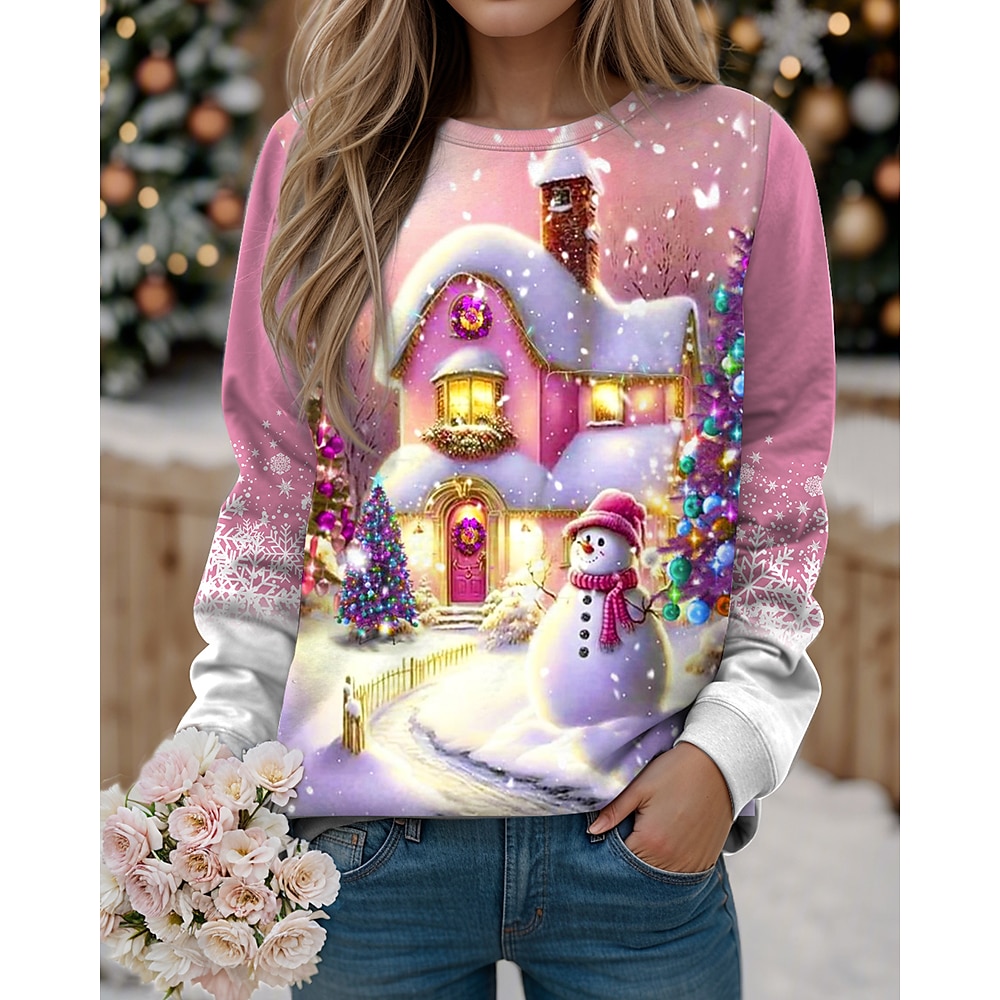 Damen Sweatshirt Weihnachten Winterszene Print Langarm lässig festlich Urlaub Top rosa lila weiß gemütliche Indoor-Kleidung Lightinthebox