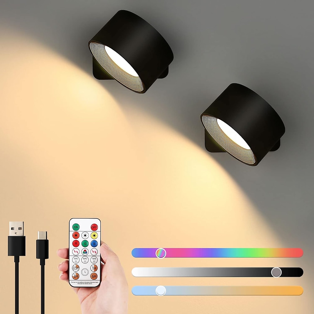 LED-Wandleuchten, 2 Stück, mit Fernbedienung, Sensor-Puck-Lampe, 3000 mAh, wiederaufladbar, batteriebetrieben, dreifarbig, dimmbar, magnetisch, 360° drehbar, kabelloses Licht für Schlafzimmer, Lightinthebox