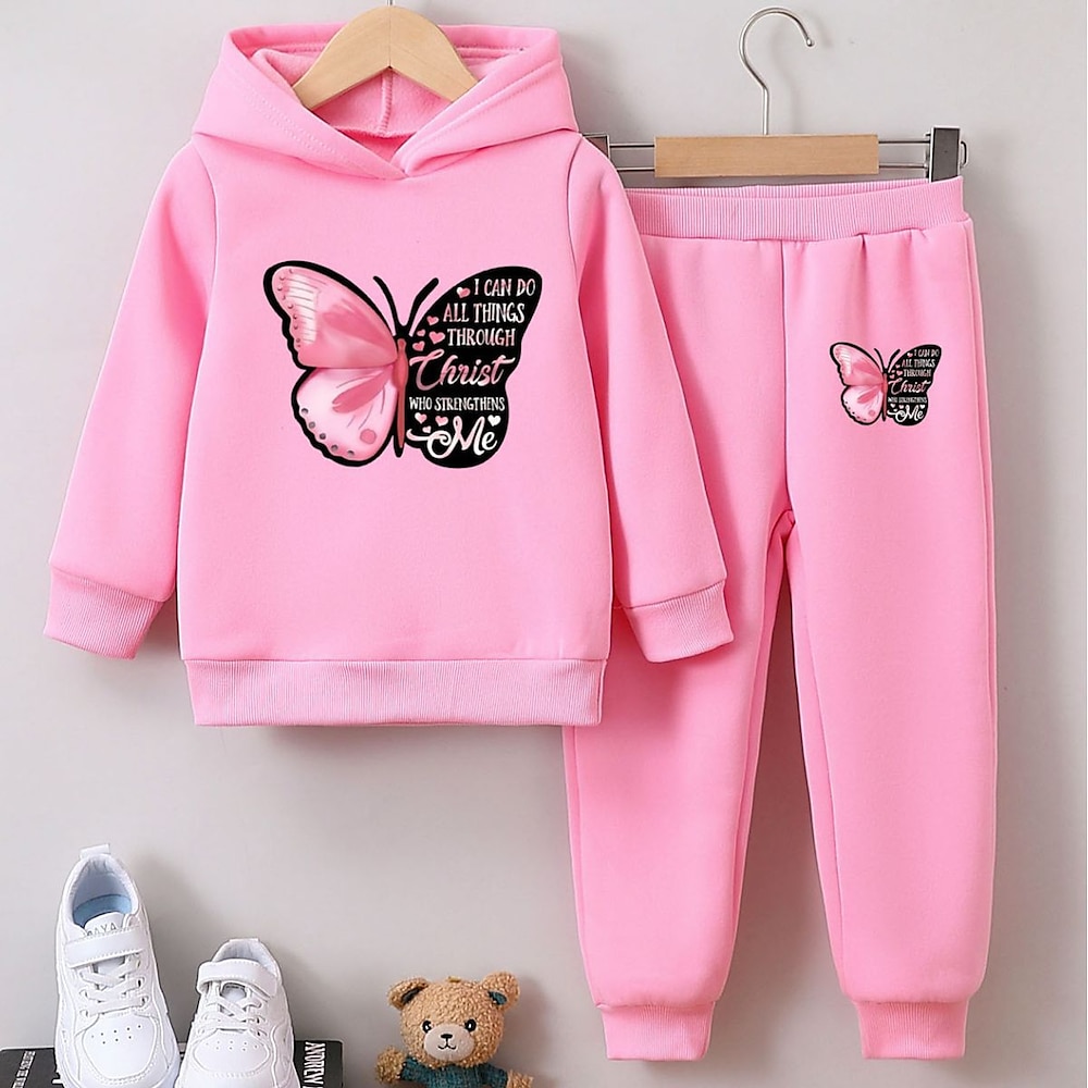 2 Stück kinderkleidung Mädchen Graphic Set aus Kapuzenpullover und Jogginghose einstellen Langarm Aktiv Schulanfang 7-13 Jahre Frühling Schwarz Rosa Purpur Lightinthebox