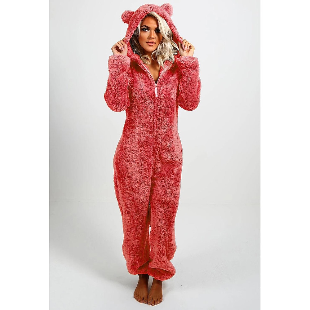 Damen-Onesie-Pyjama, Plüsch-Fleece, Bärenohren-Kapuzenpullover, rot, durchgehender Winter, wärmend, kuschelig, Loungewear, Nachtwäsche mit Reißverschluss, lässig, für zu Hause Lightinthebox