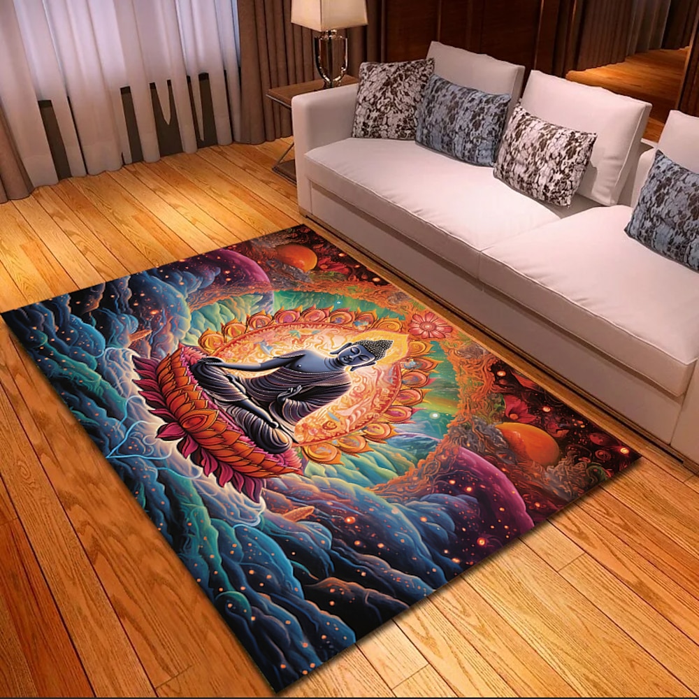 Schwarzlicht-Teppich, UV-reaktiver, im Dunkeln leuchtender Teppich, Küchenmatte, rutschfest, ölbeständig, Trippy Buddha-Bodenmatte, Wohnzimmerteppich, Innen- und Außenmatte, Schlafzimmerdekoration, Lightinthebox