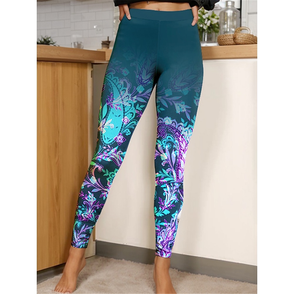 Damen Leggins Bedruckt Hoher Schnitt Blumen Hoher Taillenbund Knöchellänge Marineblau Frühling Lightinthebox