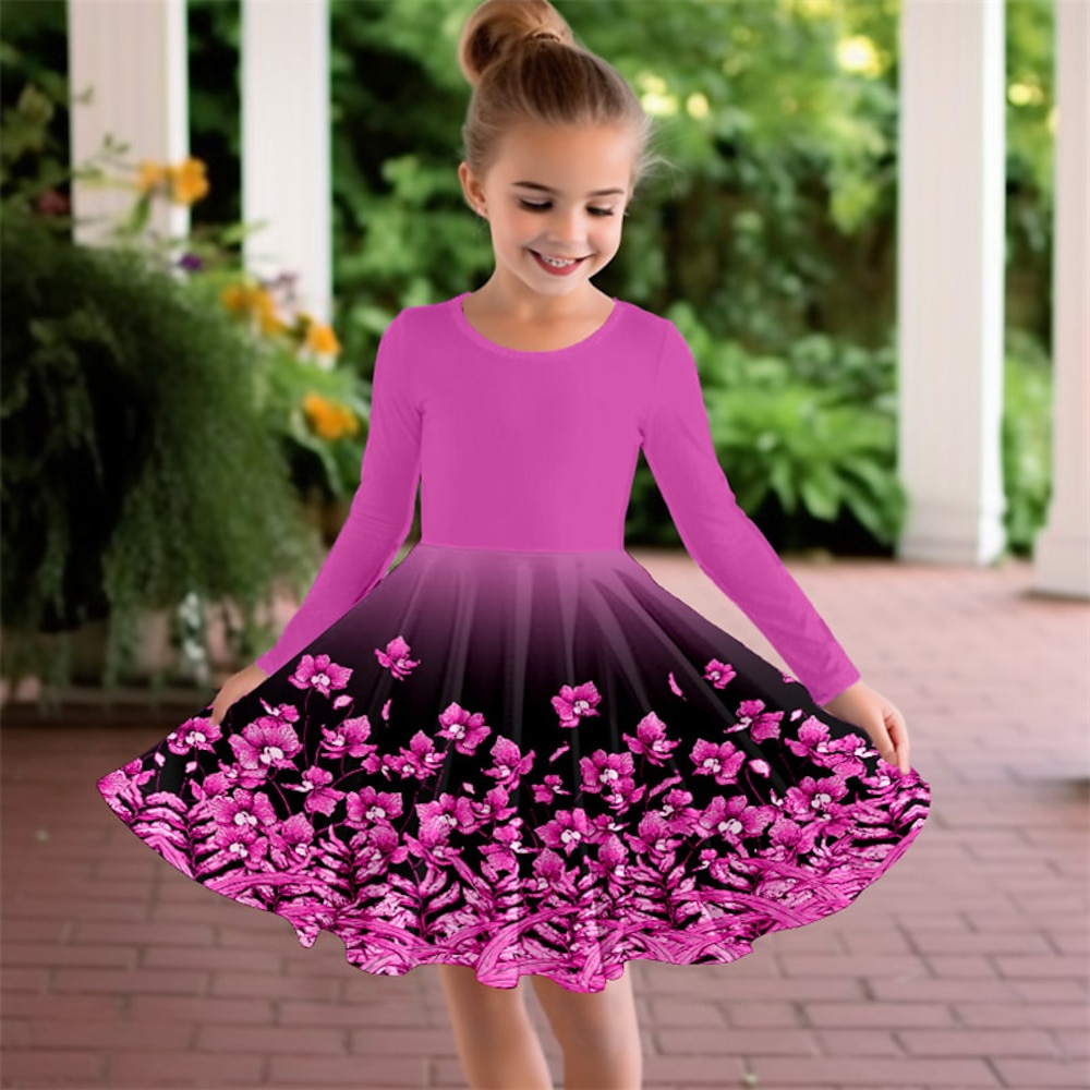 Mädchen' 3D Blumen Kleid Langarm 3D-Druck Frühling Herbst Urlaub Sport Natur Täglich Kuschelig Brautkleider schlicht Schön kinderkleidung 3-12 Jahre Casual kleid A Linie Kleid Übers Knie Regular Fit Lightinthebox
