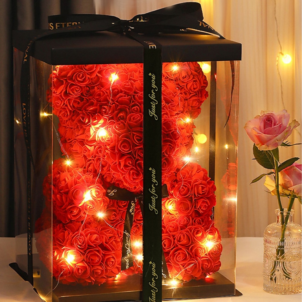 Rosenbär-Kunstschaumblumen mit LED-Licht und Kunststoff-Geschenkbox - perfektes romantisches Geschenk für Valentinstag, Muttertag, Jahrestag, Hochzeit, Geburtstag, Erntedankfest und Weihnachten, 25 cm Lightinthebox