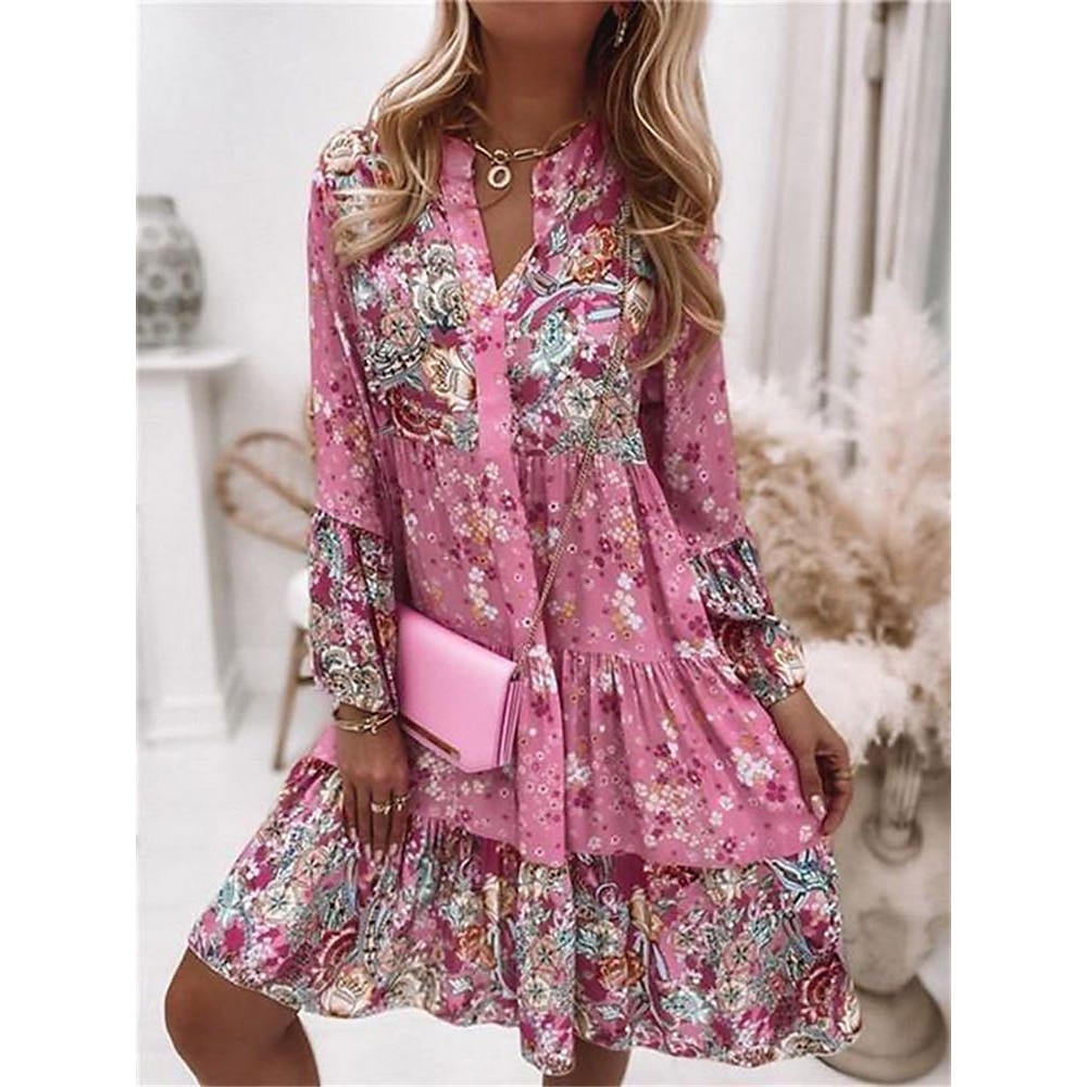 Damen Minikleid Casual kleid Boho-Kleid Frühlingskleid Strassenmode Urlaub Strasse Festtage Regular Fit Blumen Langarm Gespaltener Hals Rosa Blau Orange Grün Sommer Frühling Lightinthebox