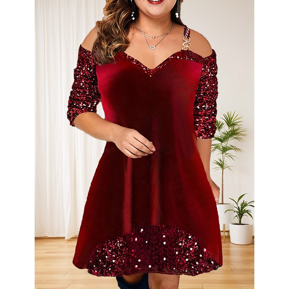 Damen Übergröße velvet kleid Paillettenkleid Spitzenkleid velvet Pailletten Patchwork Spaghetti-Träger Langarm Minikleid Weihnachten kleid hochzeitsgast Wein Frühling Winter Lightinthebox