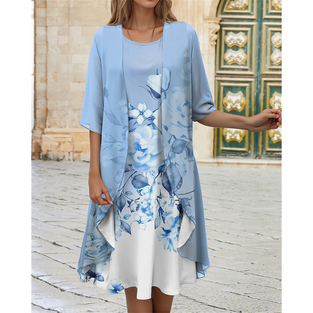 Damen Kleid-Set Casual kleid Chiffon-Kleid Kleid drucken Elegant Blumen Bedruckt Midikleid Halbe Ärmel Rundhalsausschnitt Verabredung Rosa Blau Purpur Frühling Lockere Passform Lightinthebox