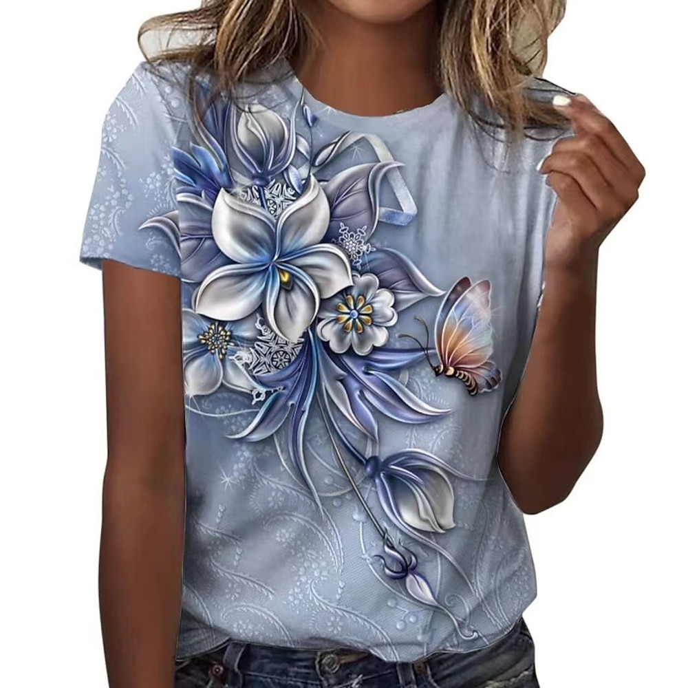 Damen T Shirt Modisch Blumen Schmetterling Normale Oberteile Kurzarm Rundhalsausschnitt Bedruckt Regular Fit Casual Festtage Blau Sommer Lightinthebox