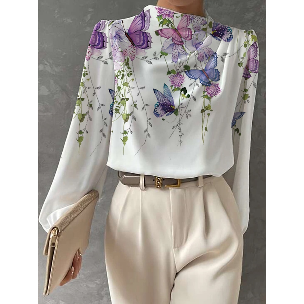 Damen Hemd Bluse Mode Blumen Schmetterling Druck Langarm Normal Oberteile Rundhals Arbeit Königsblau Blau Lila Grün Khaki Frühlingamp; fallen Lightinthebox