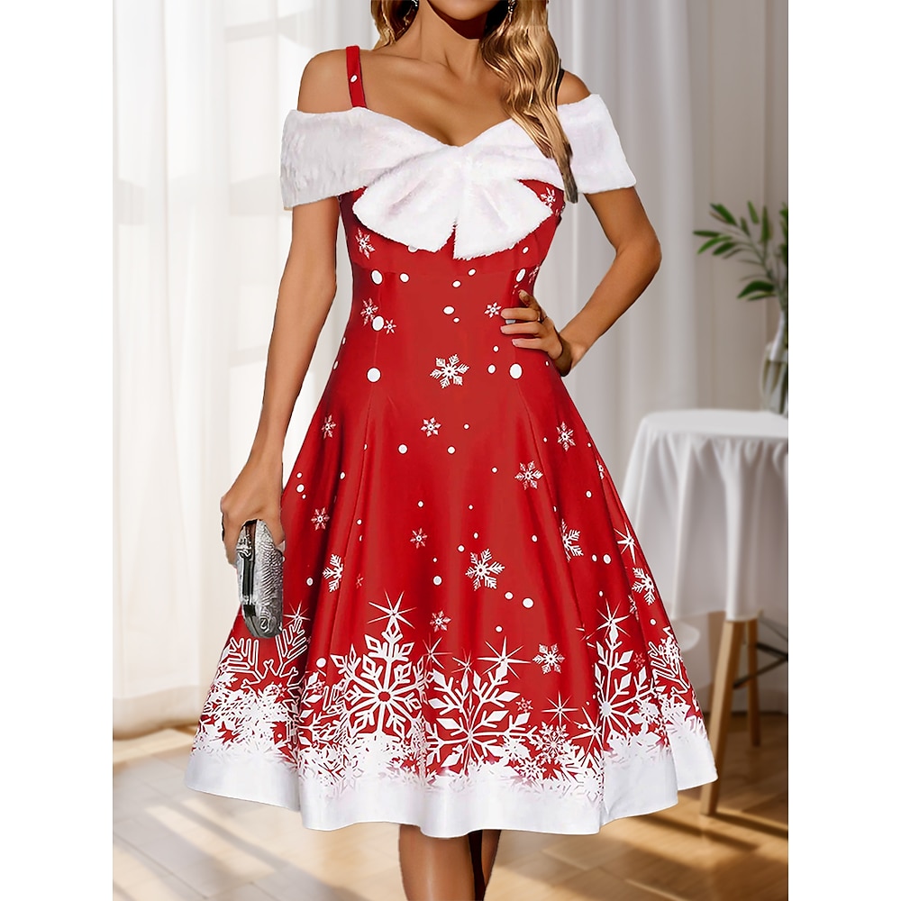 Cocktailkleid für Damen rot mit weißem Schneeflocken-Print schulterfrei Pelzbesatz knielang festlich Urlaub Party Fit-and-Flare Silhouette Wintermode Lightinthebox