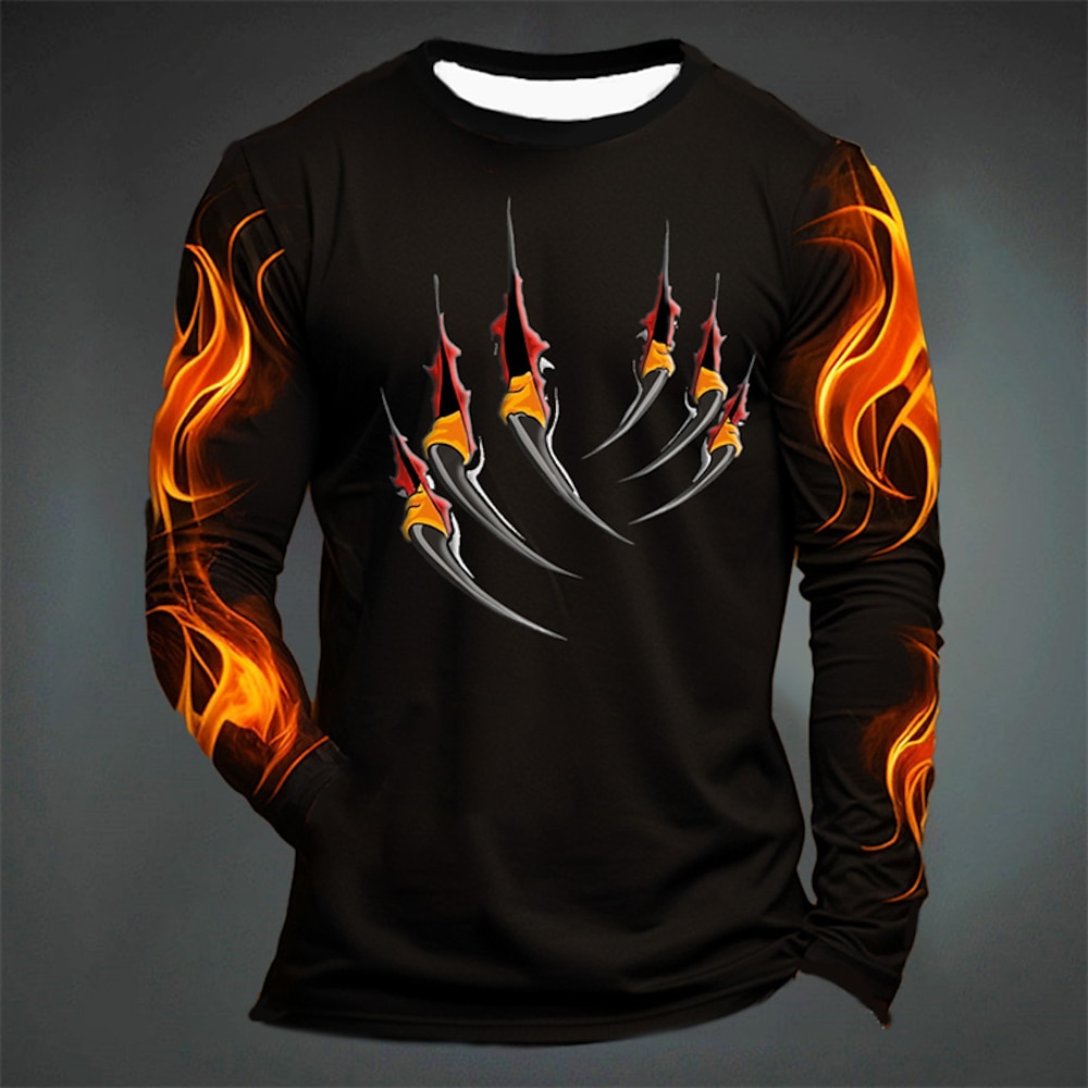 Herren Graphic Flamme Pfote T Shirt Langarm T-Shirt 3D-Druck Rundhalsausschnitt Hemd Modisch Designer Brautkleider schlicht Sports Outdoor Festtage Ausgehen Schwarz Gelb Dunkelgrün Frühling Herbst Lightinthebox