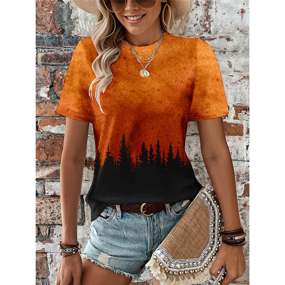 Damen T-Shirt mit modischem Aufdruck, kurzärmelig, normale Oberteile, Rundhalsausschnitt, für den Alltag, Wochenende, rot, blau, orange, grau, Sommer Lightinthebox