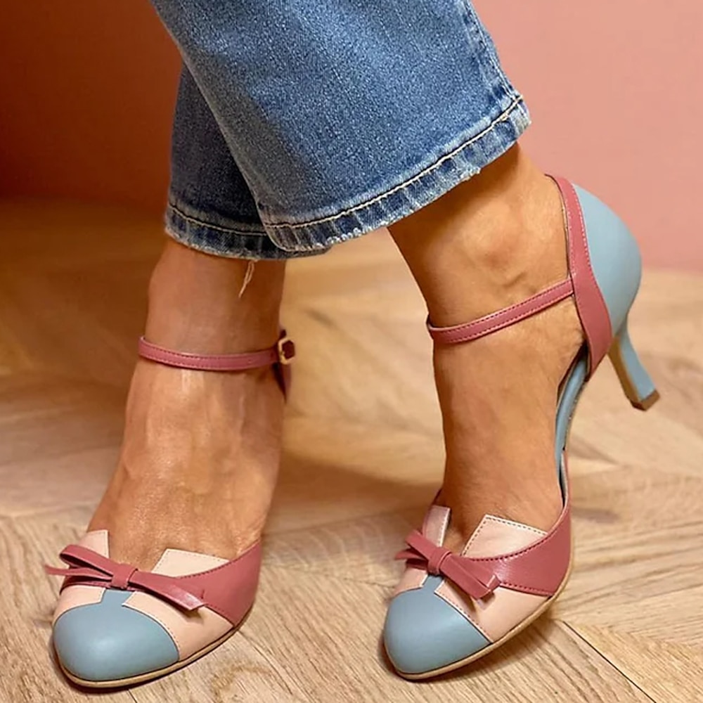 zweifarbige Retro-Pumps mit hohem Absatz für Damen - rosa-blaues Fesselriemchen mit Schleifendetail, perfekt für Vintage-inspirierte Outfits und lässig-schicke Looks Lightinthebox