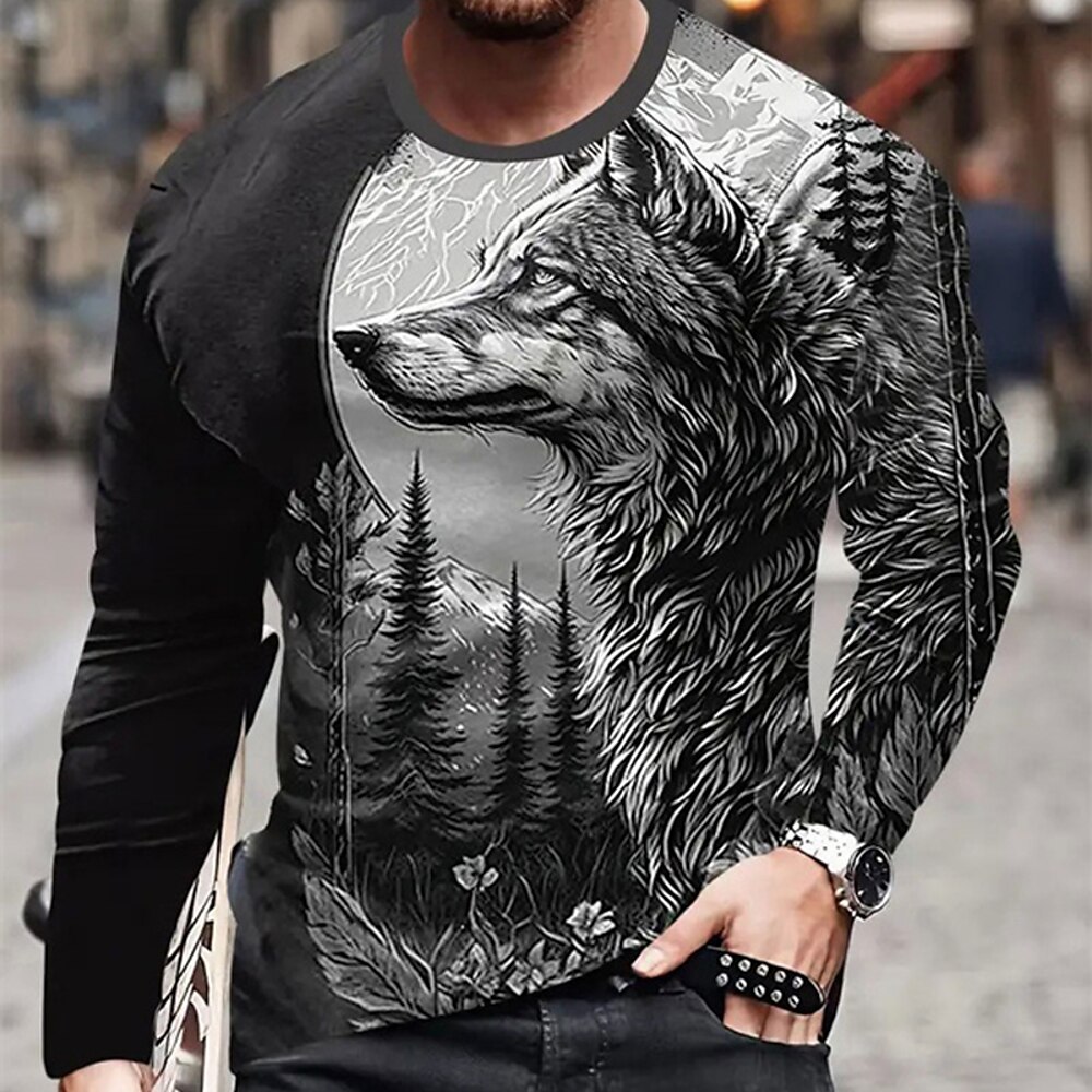 Herren Graphic Tier Wolf T Shirt Langarm T-Shirt 3D-Druck Rundhalsausschnitt Hemd Modisch Designer Brautkleider schlicht Sports Outdoor Festtage Ausgehen Blau Purpur Braun Frühling Herbst Bekleidung Lightinthebox