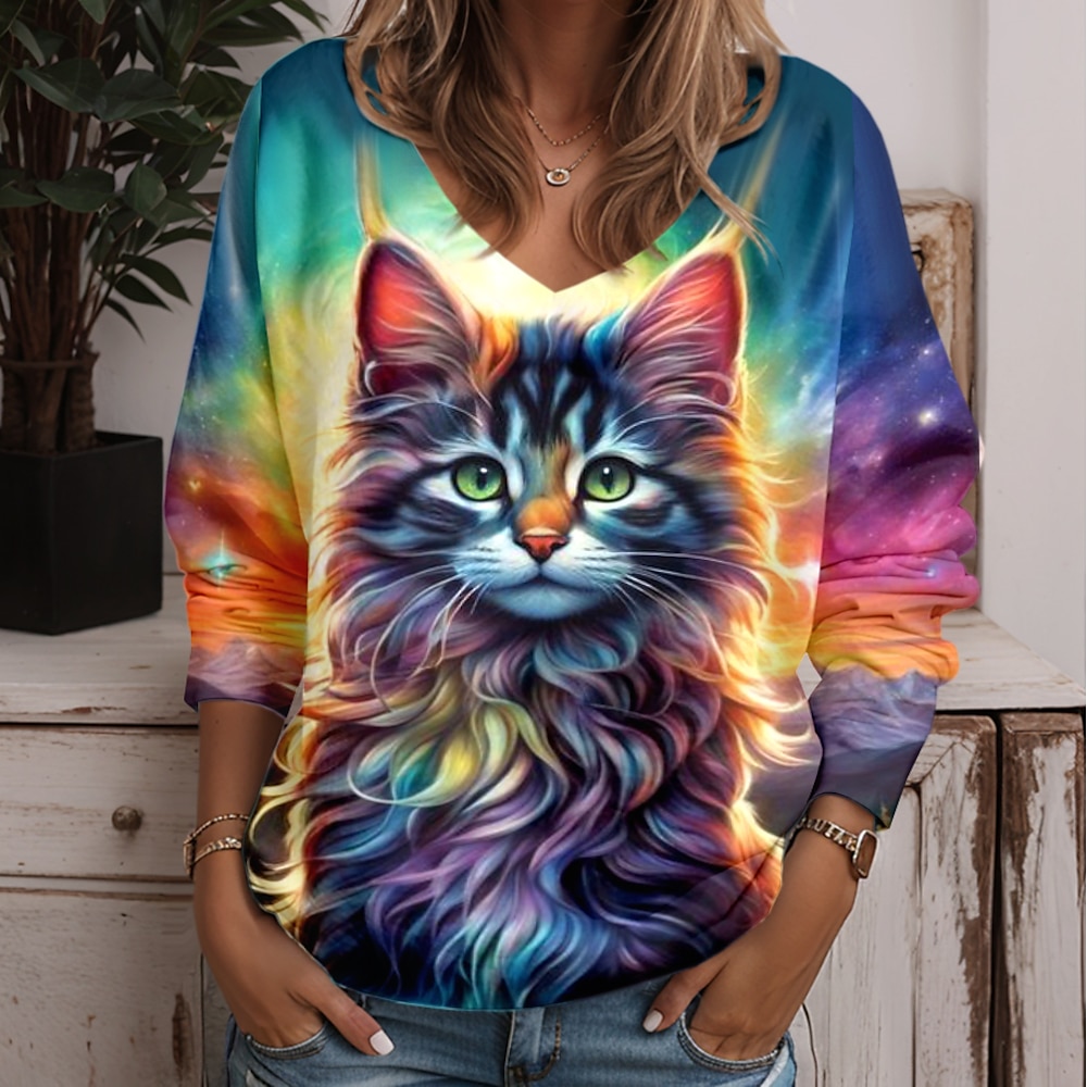 Damen T Shirt Tier Katze Modisch Lustig Langarm V Ausschnitt Normale Oberteile Täglich Wochenende Bedruckt Gelb Blau Purpur Grün Leicht Blau Frühling Herbst Lightinthebox