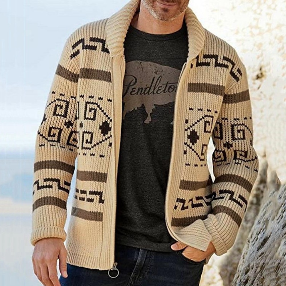 Herren Pullover Strickjacke Zip Pullover Reißverschluss Gerippt Stricken Strick Jacquard Abstrakt Kargen Stilvoll Vintage-Stil Freizeitskleidung Bekleidung Herbst Winter Marineblau Khaki M L XL Lightinthebox