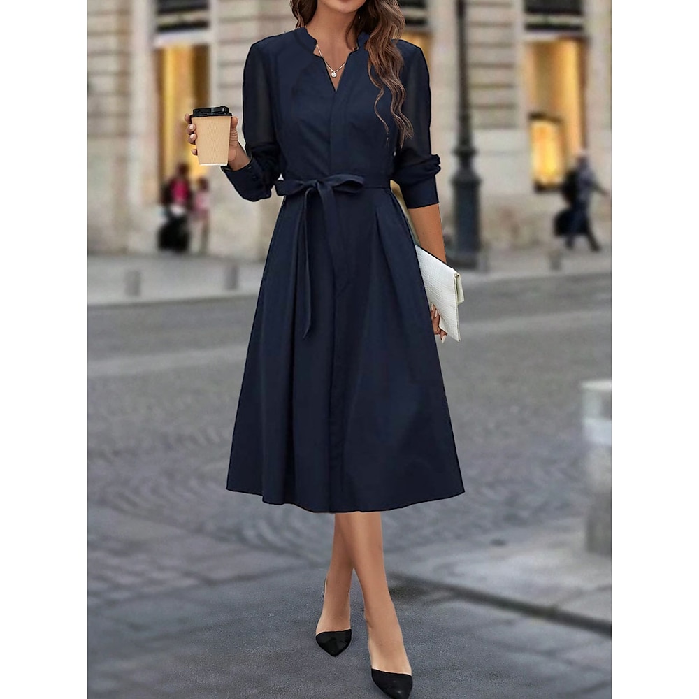 Damen abendkleider Cocktailkleid Kleid für Hochzeitsgäste Chiffon Rüschen Kordelzug V Ausschnitt Langarm Midikleid winterkleider damen kleid hochzeitsgast Dunkelblau Sommer Frühling Lightinthebox