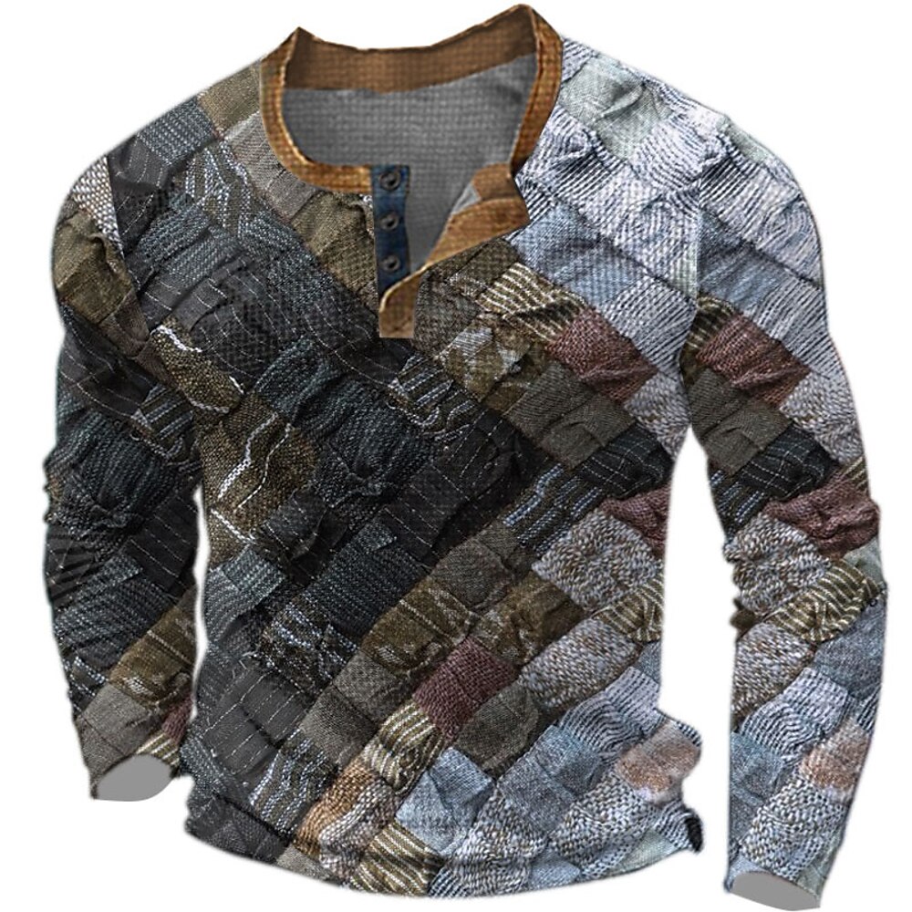 Herren Graphic Patchwork Henley Shirt Waffel-T-Shirt Langarm 3D-Druck Modisch Designer Brautkleider schlicht Sports Outdoor Festtage Festival Frühling Herbst Blau Braun Grün Grau Henley Henley Lightinthebox